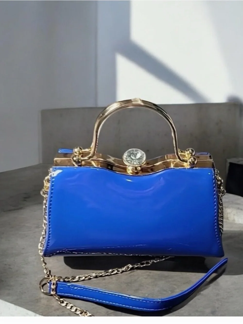 La Terre Blue Vegan Purse w Detachable Gold Chain Strap, Gem Clasp FANCY